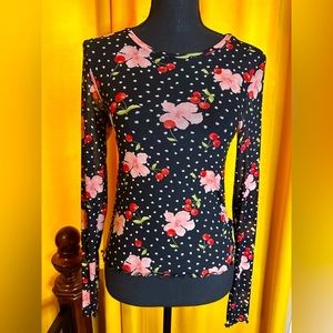 SOLD 🚫 Forever 21 Mesh Cherry Blossom and Cherry Print Graphic Long Sleeve